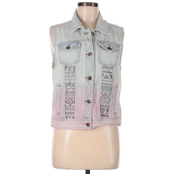 Lightly Distressed Ombre Lightwash Aztec Accent Cotton Jean Vest - Medium - Picture 1 of 9